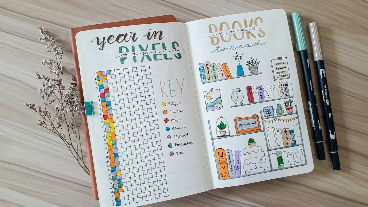 An open journal with a hand-drawn Year in Pixels grid, one coloured square per day, beside markers and dried flowers