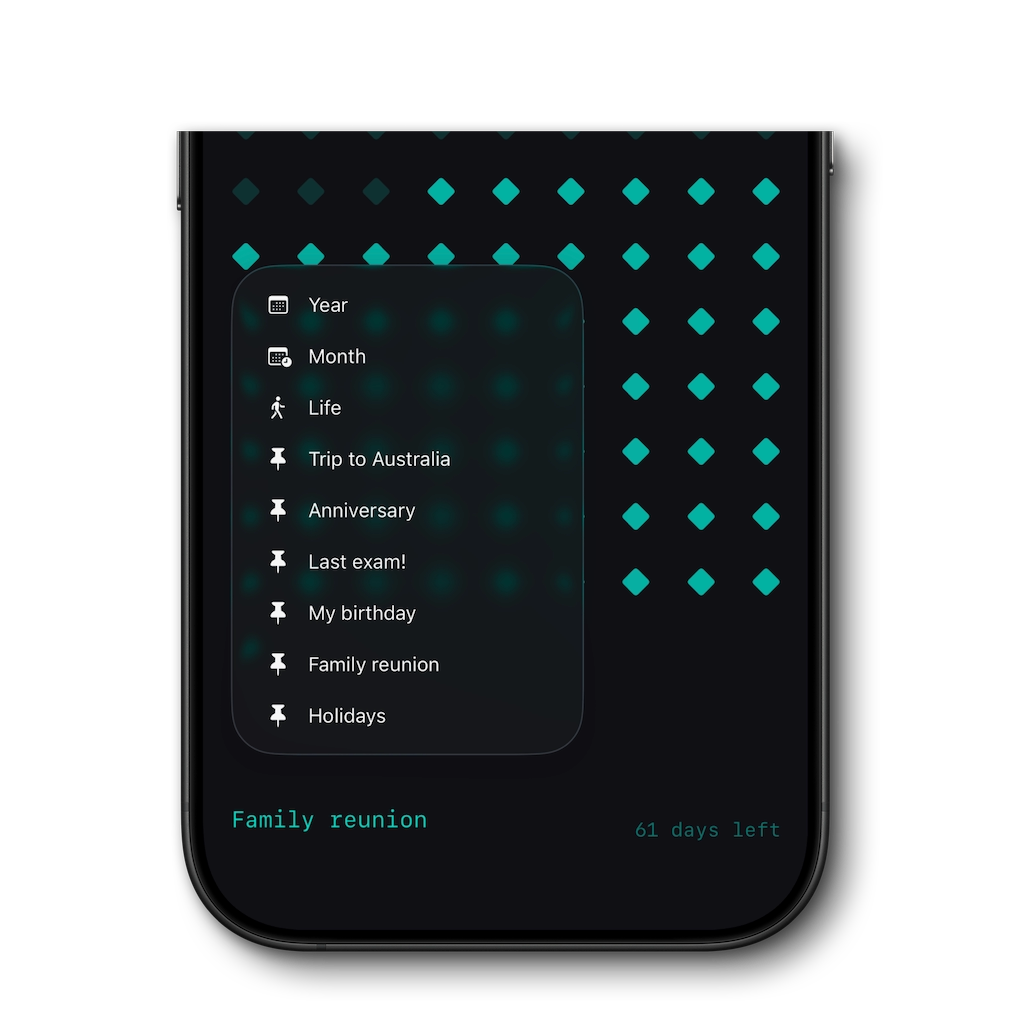 Countdown widget styles with dots, stars, hearts, and hexagons for iPhone