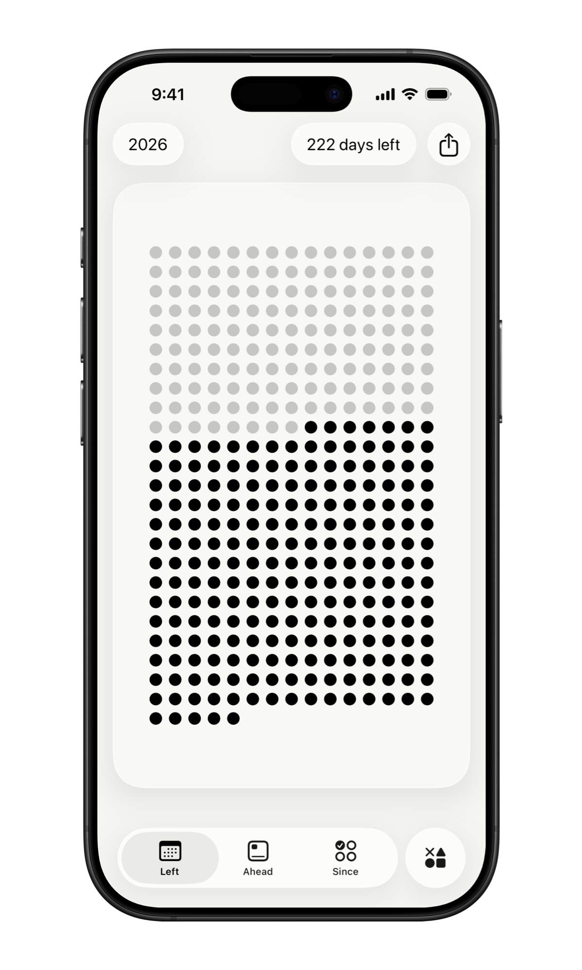 Left widgets showing time remaining across year, month, week, and day